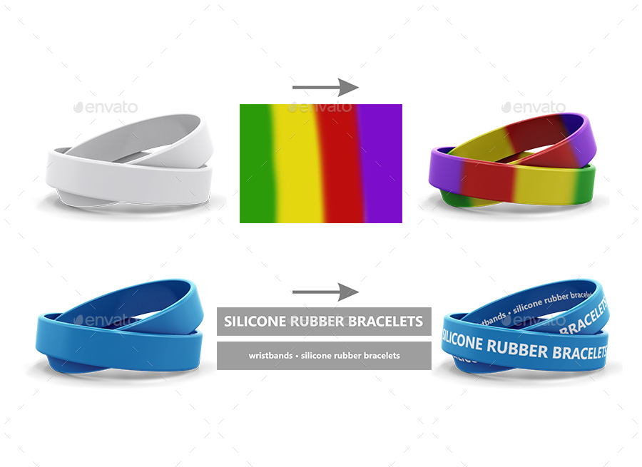 Silicone Rubber Bracelets And Wristbands Packaging MockUp, Graphics